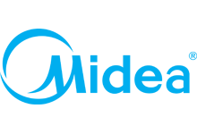 Логотип Midea — ведущего производителя климатической техники и бытовой электроники, символизирующий инновации и качество в области кондиционирования воздуха.